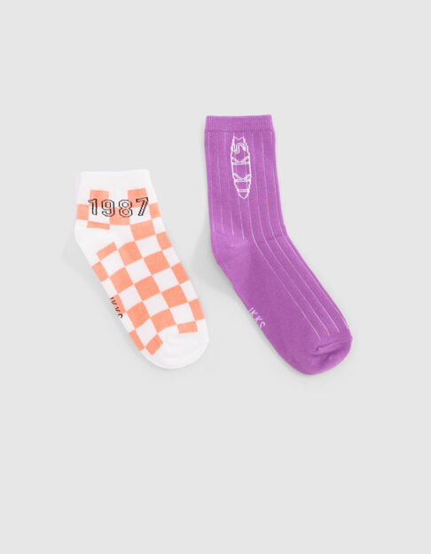 Chaussettes orange damier et violet garçon - IKKS