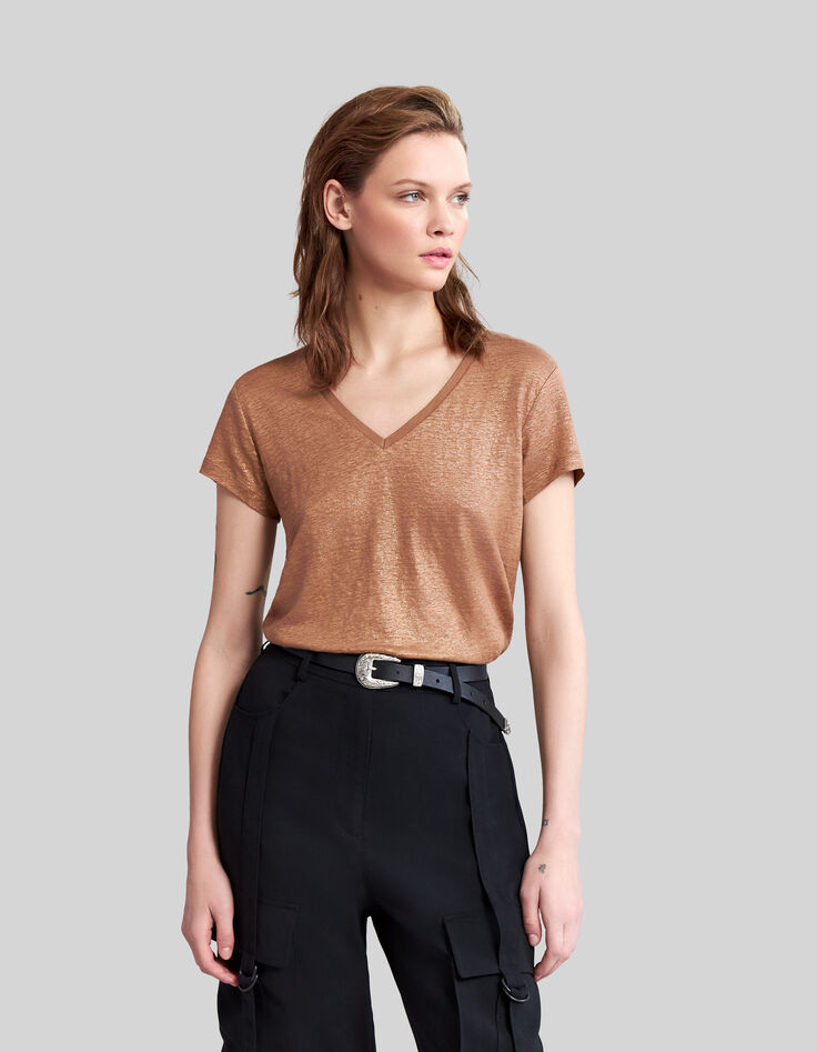 Camiseta cuello de pico camel de lino foil mujer-2