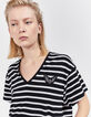 Women’s black sailor stripe T-shirt, ecru stripes & badges-1