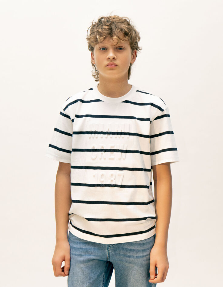 Camiseta blanca algodón orgánico logo WAY rayas niño-1