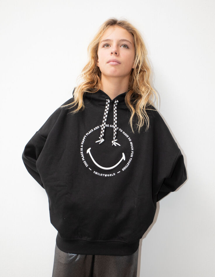 Girls’ black hoodie with white embroidered SMILEYWORLD image-1