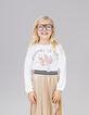 Ecru meisjes-T-shirt met geborduurde boodschap en bloem-1