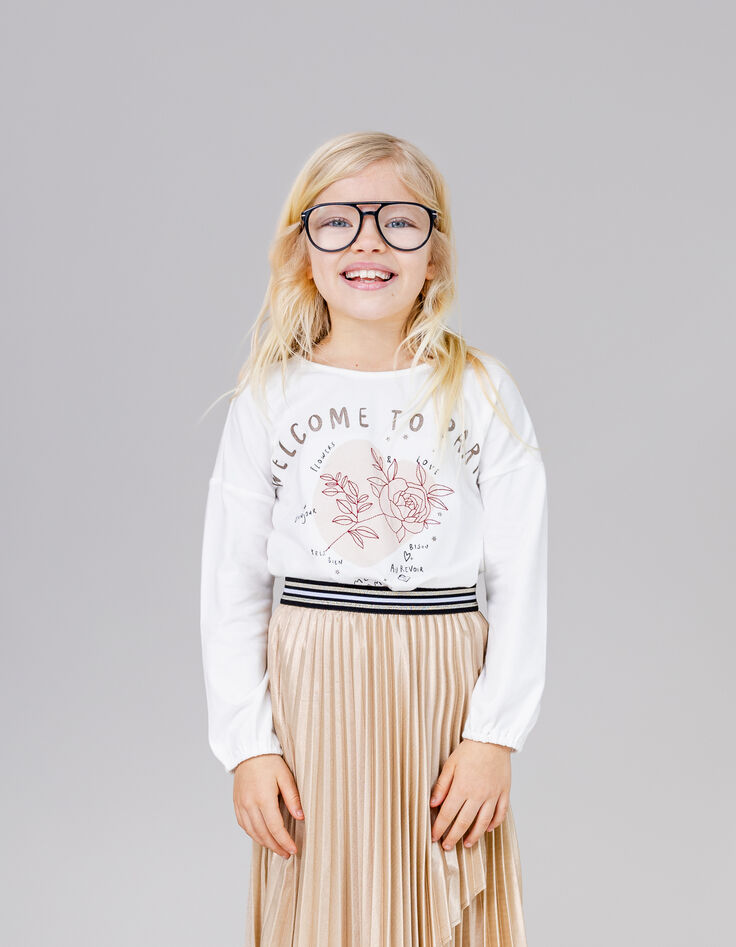 Girl's ecru T-shirt with message and flower embroidery-1