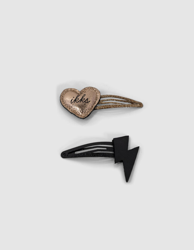 Girls’ black lightning and gold heart snap hair clips-1