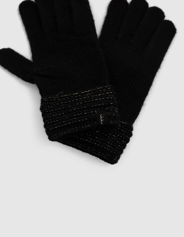 Gants noirs tricot revers fils dorés fille-2