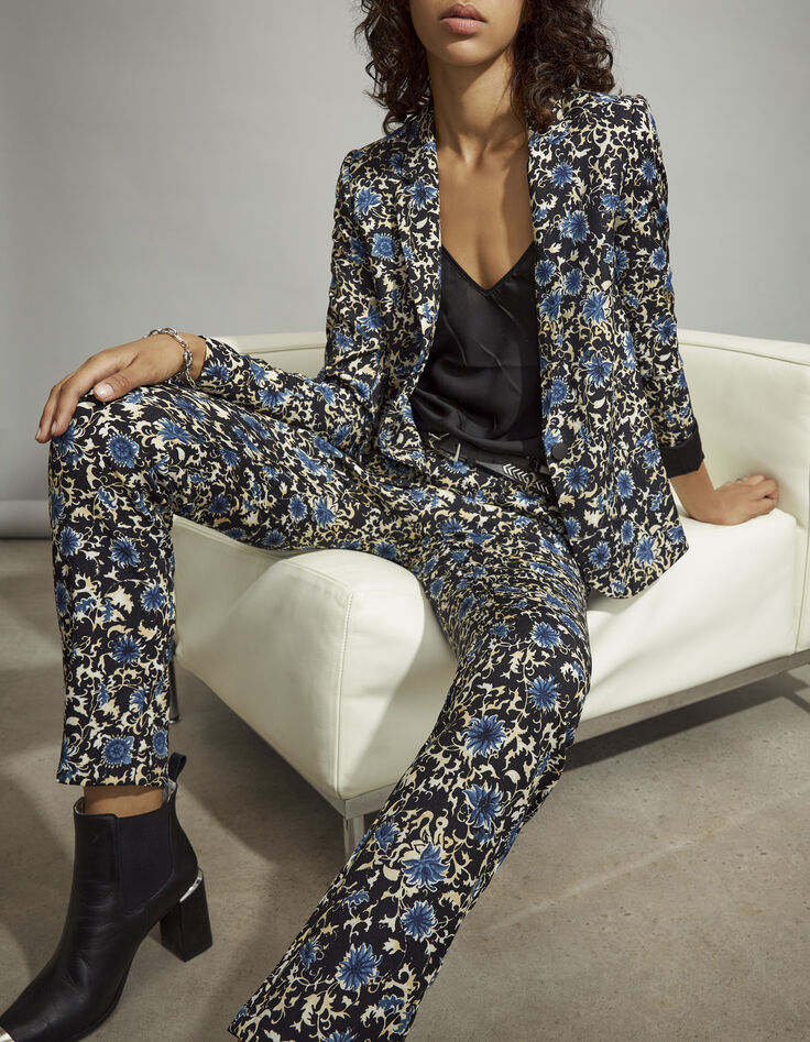 Rechte crêpe broek print blauwe bloemen dames-6