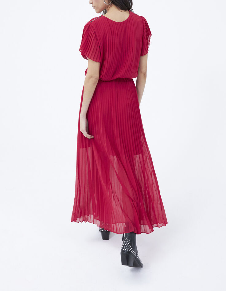 Robe longue rouge cache-cœur entièrement plissée femme-2