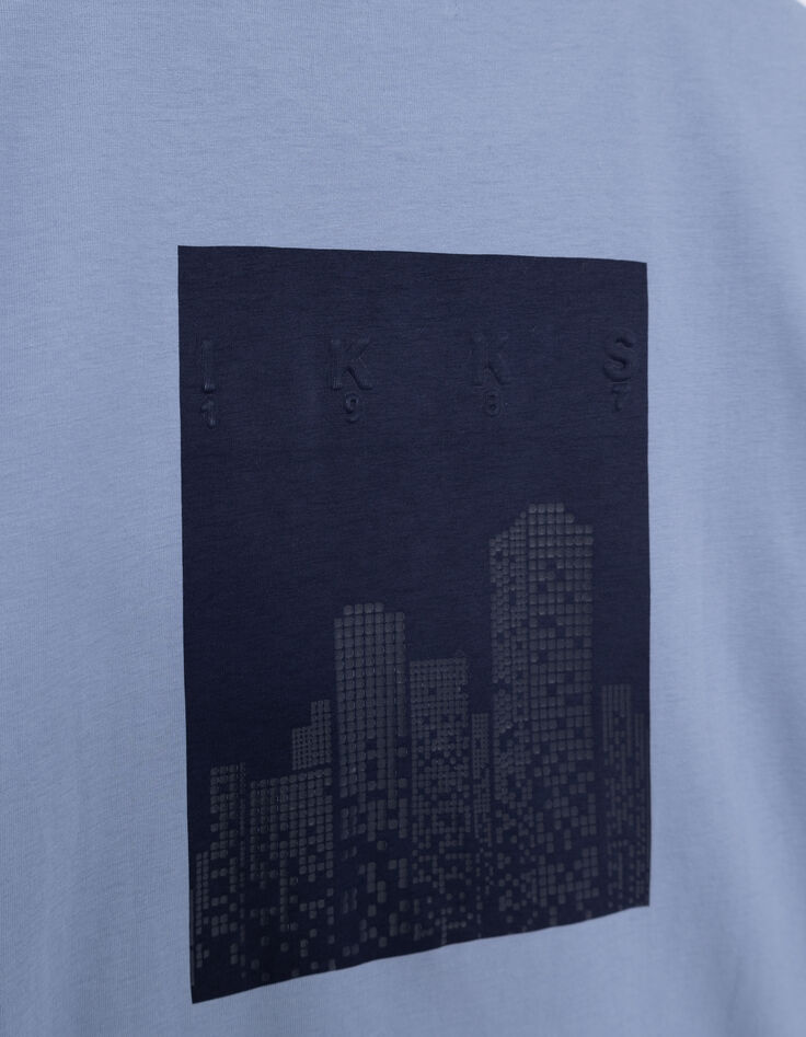 Boy's blue organic cotton T-shirt, shiny buildings on back-8