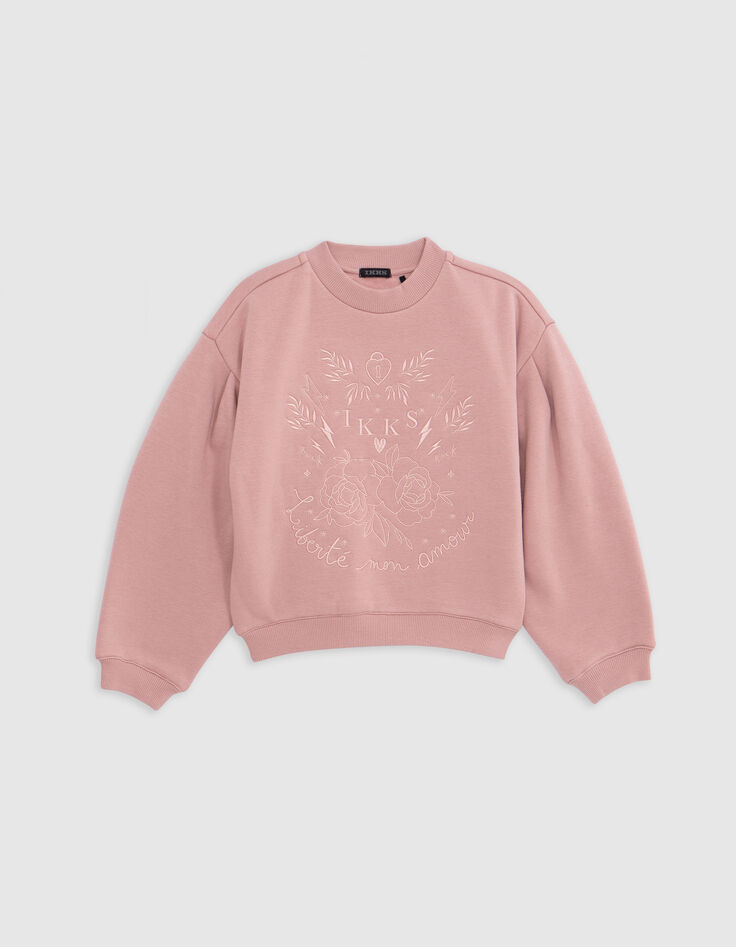 Sweat rose broderies ton sur ton fille-3