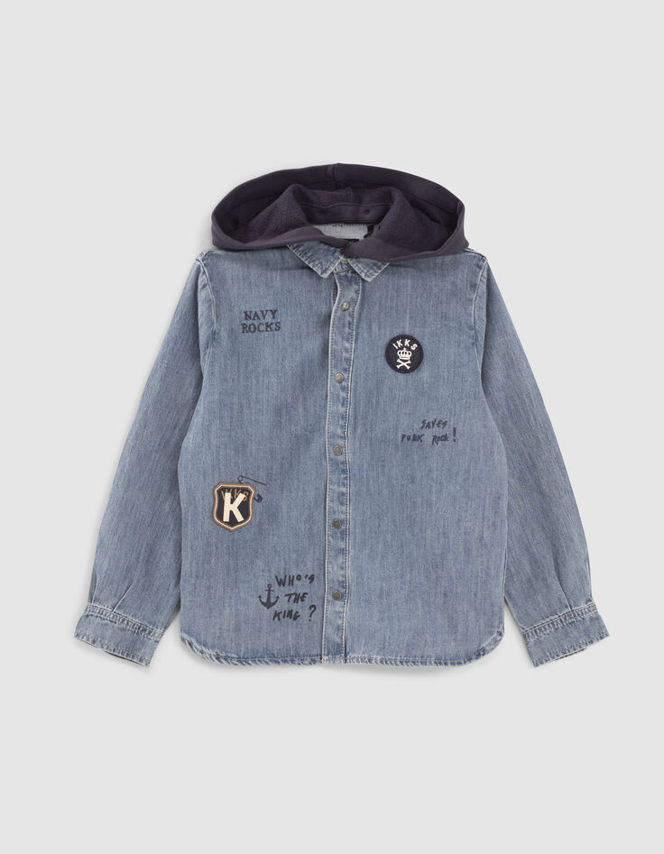 Boys’ light blue denim shirt with badge and hood-1