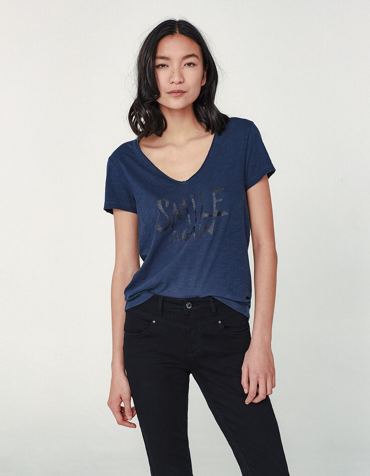 Tee-shirt bleu paon en coton flammé message pailleté femme-2