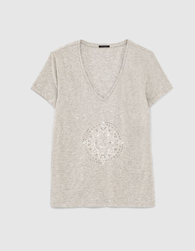 Camiseta pico gris algodón flameado visual estampado - IKKS
