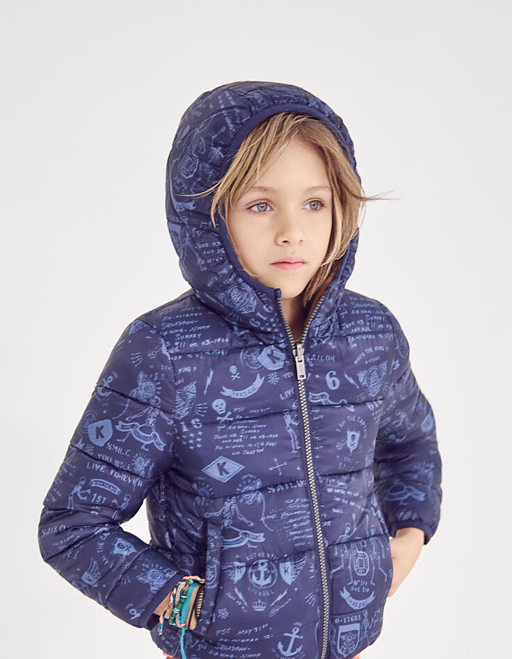 Boys’ navy tattoo/cognac reversible padded jacket-2