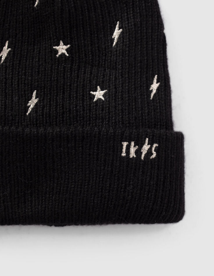 Girls’ black knit beanie, embroidered gold stars/lightning-4