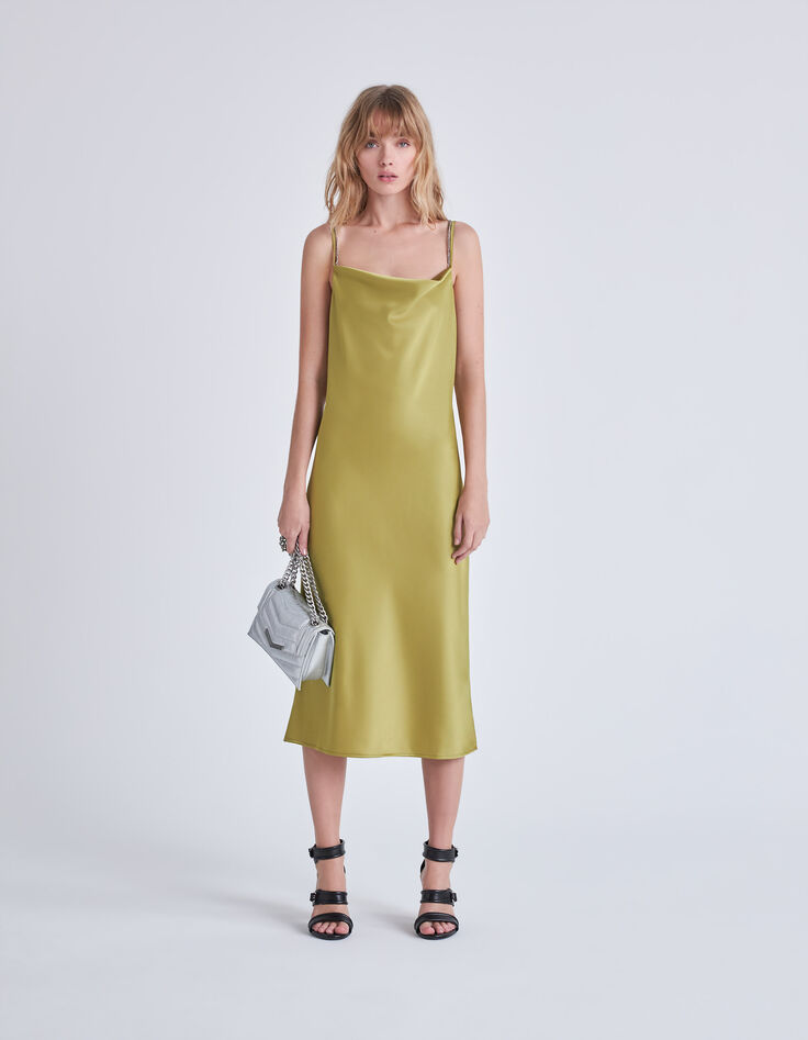 Women’s green satin strappy long dress-2