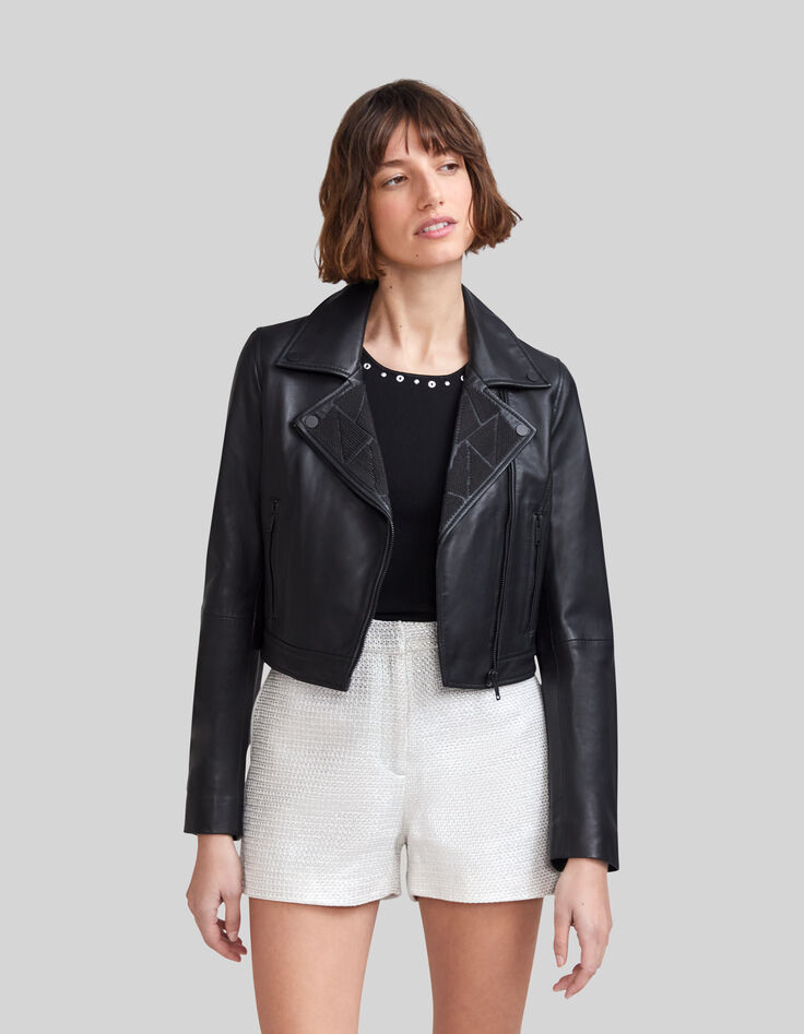 Veste noire en cuir esprit motard décor chaînettes Femme-2