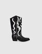 Women’s black & white leather cowboy boots, Western seams-1