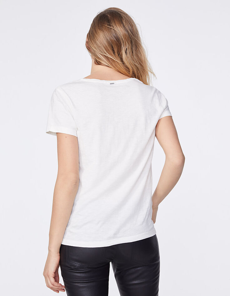 Tee-shirt col V blanc cassé en coton flammé visuel imprimé-3