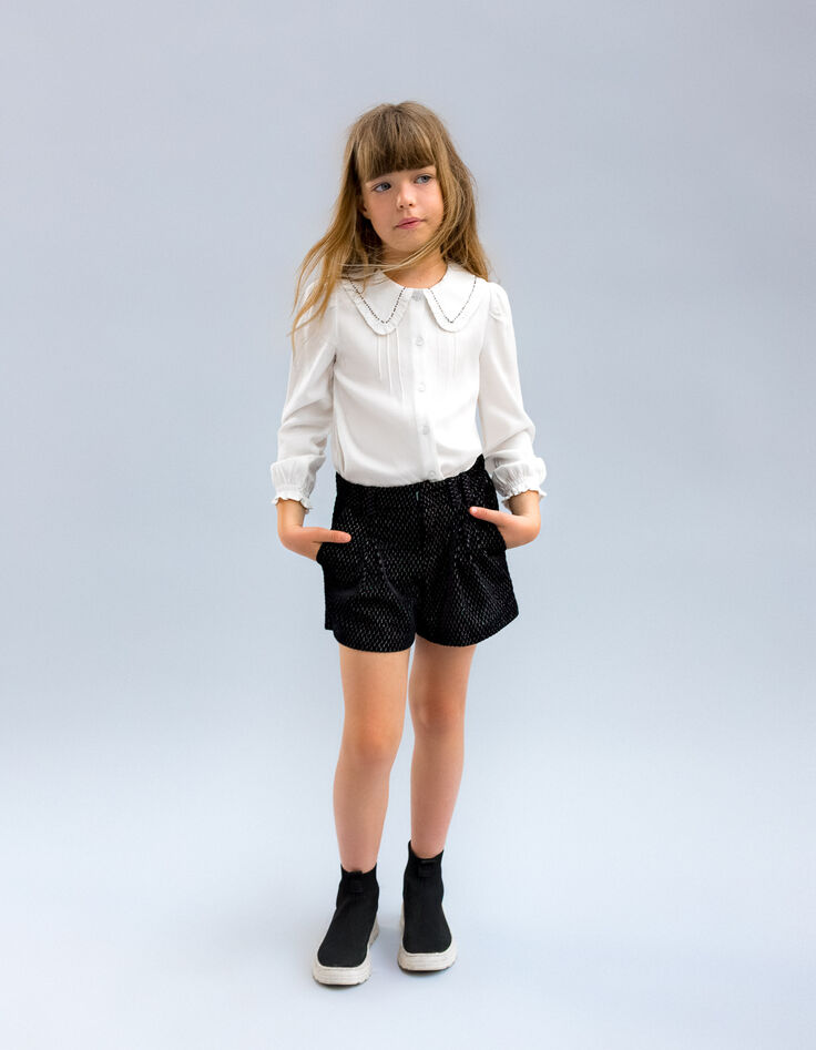 Girls’ black texture, lurex, jacquard velvet knit shorts-2