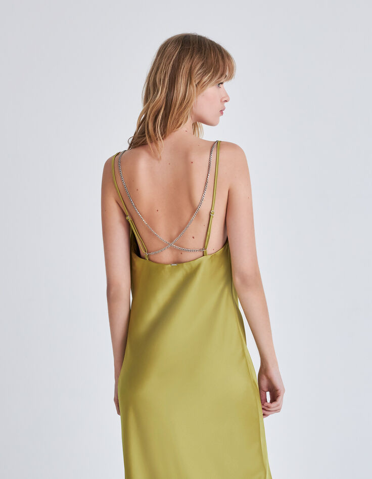Women’s green satin strappy long dress-1