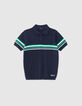 Boys’ navy knit polo shirt with placed stripes-1