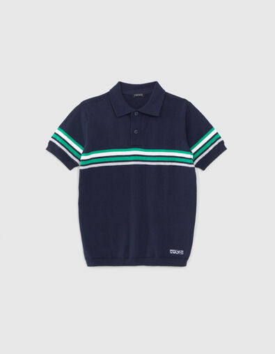 Boys’ navy knit polo shirt with placed stripes - IKKS