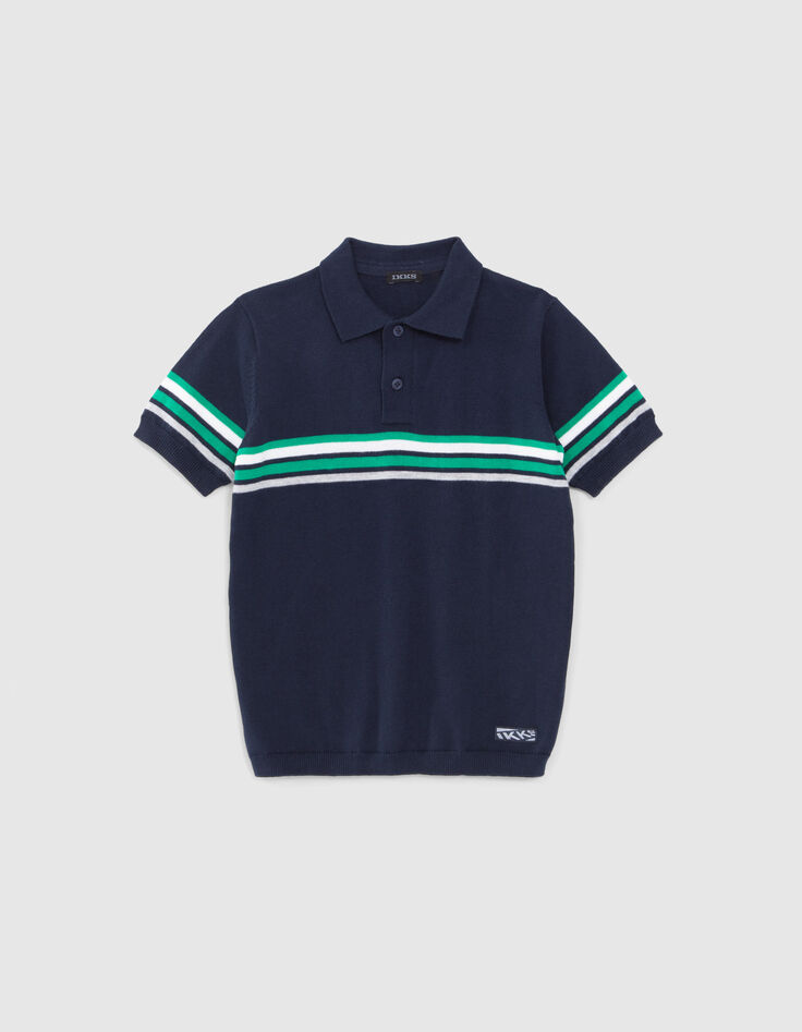 Boys’ navy knit polo shirt with placed stripes-1