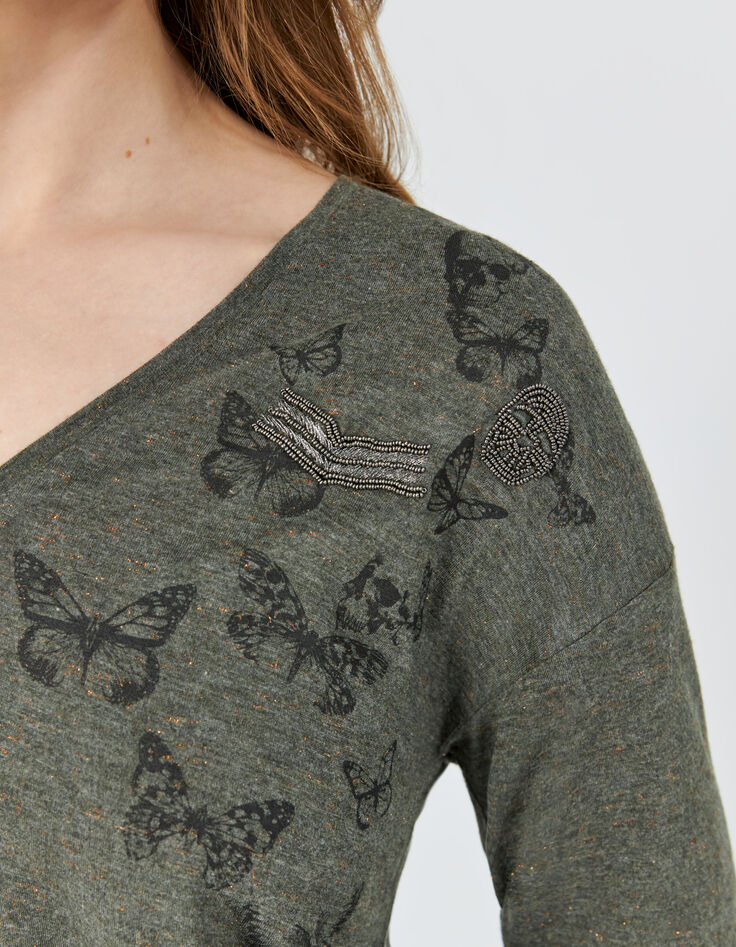 Khaki Damenshirt mit Schmetterlingsmotiv-3