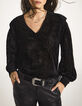 Fluwelen blouse zwart zebramotief plooien schouders dames-1