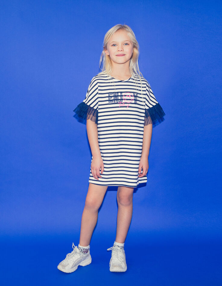 Girls’ sailor-stripe cotton dress, SMILEYWORLD tulle sleeves-1