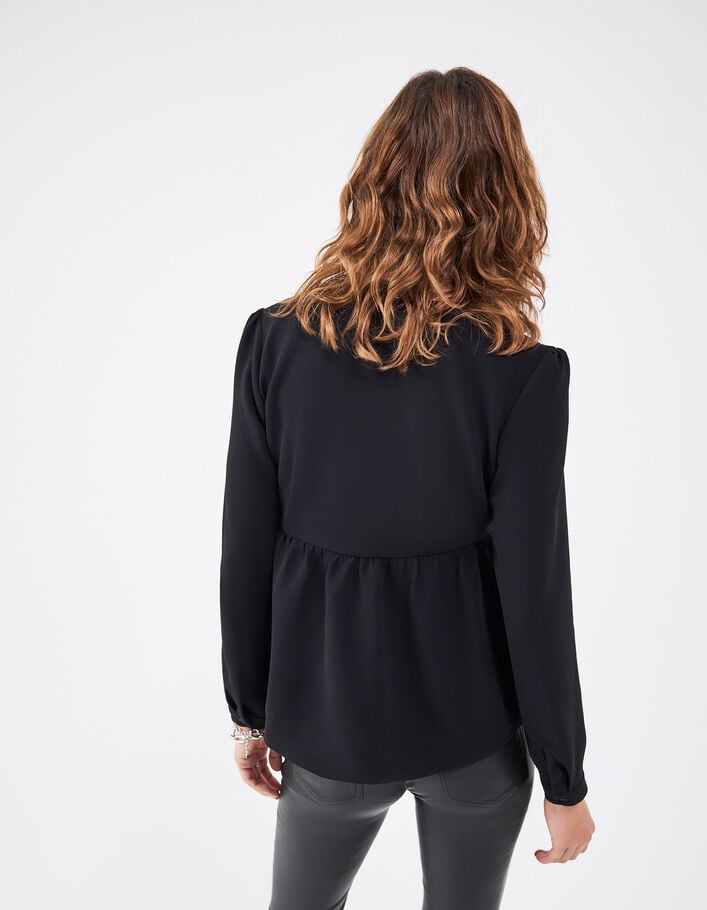 Women’s black crepe peplum blouse, horizontal pleat collar