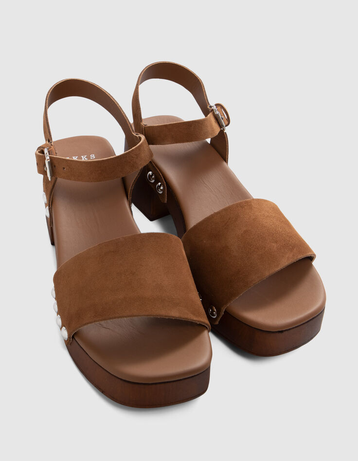 Sandales camel cuir velours à talon bois Femme-7