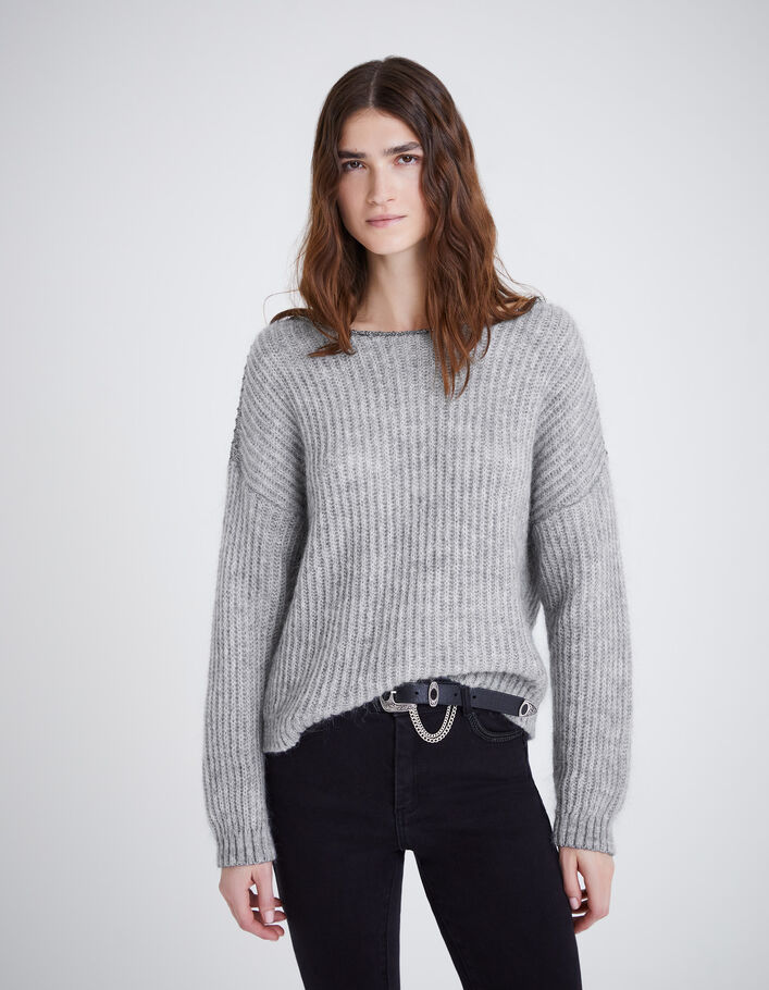Women's grey ribbed knit sweater with lurex details