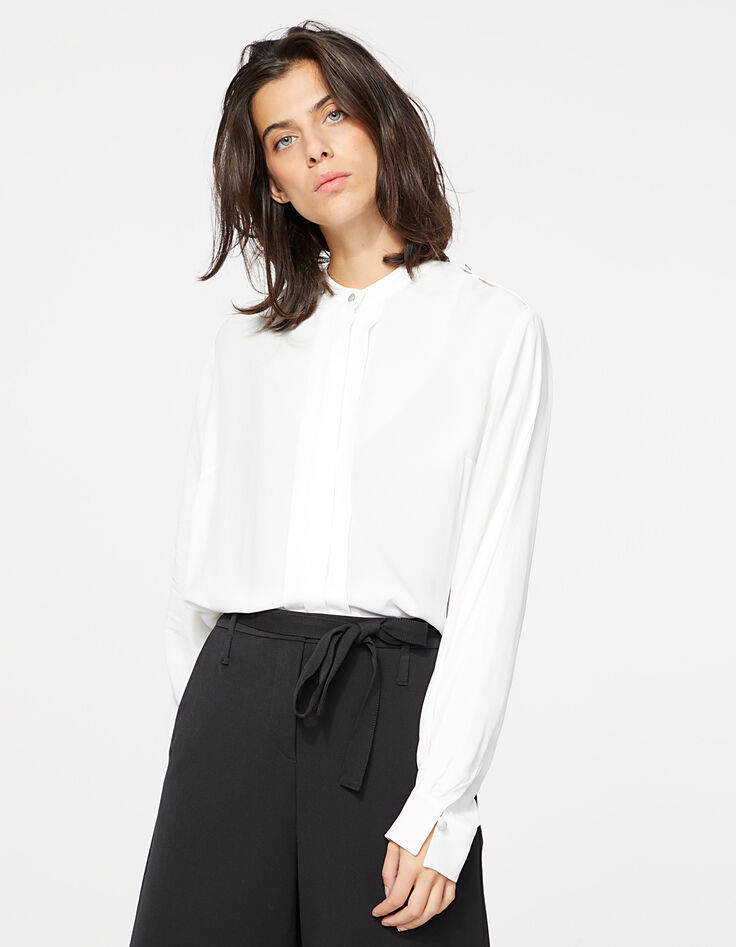 Women's off-white viscose crêpe blouse with shoulder tabs-2