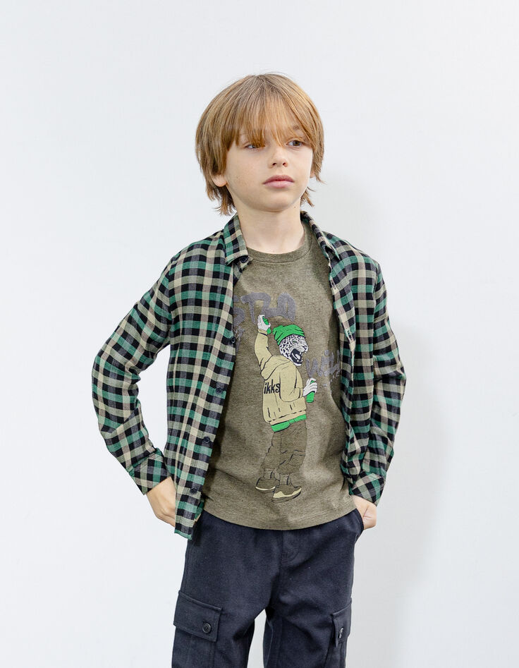 Camiseta caqui con estampado visual de leopardo para niño-1