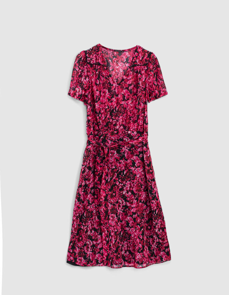 Midi-jurk in gerecycleerde voile roze bloemenprint dames-1