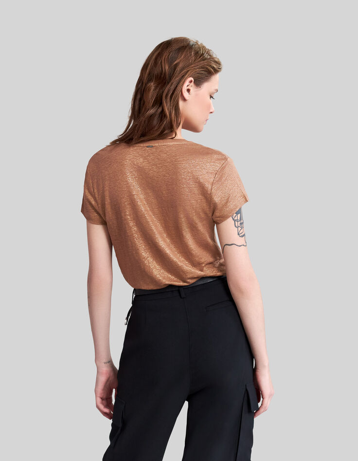 Camiseta cuello de pico camel de lino foil mujer-3