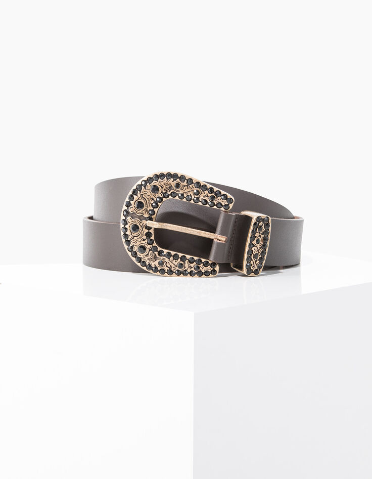 Women’s chocolate leather belt, jewelled cowboy buckle-1