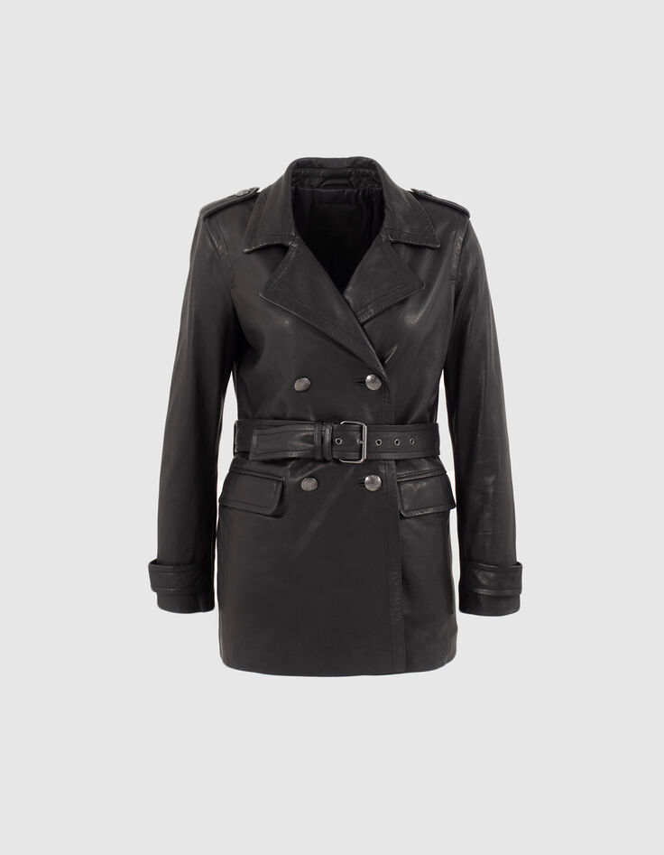 Pure Edition – Lange, schwarze Damenlederjacke mit Gürtel-4