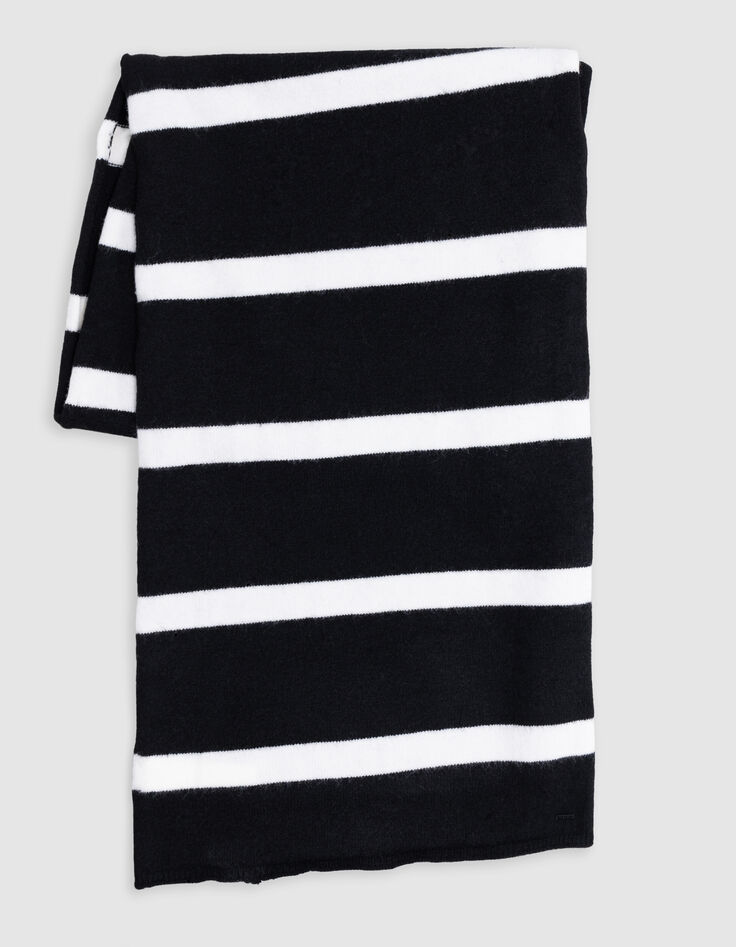 Girl's black knit scarf with white stripes-3