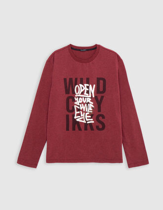 Boy's red slogan print and embroidered sequin T-shirt