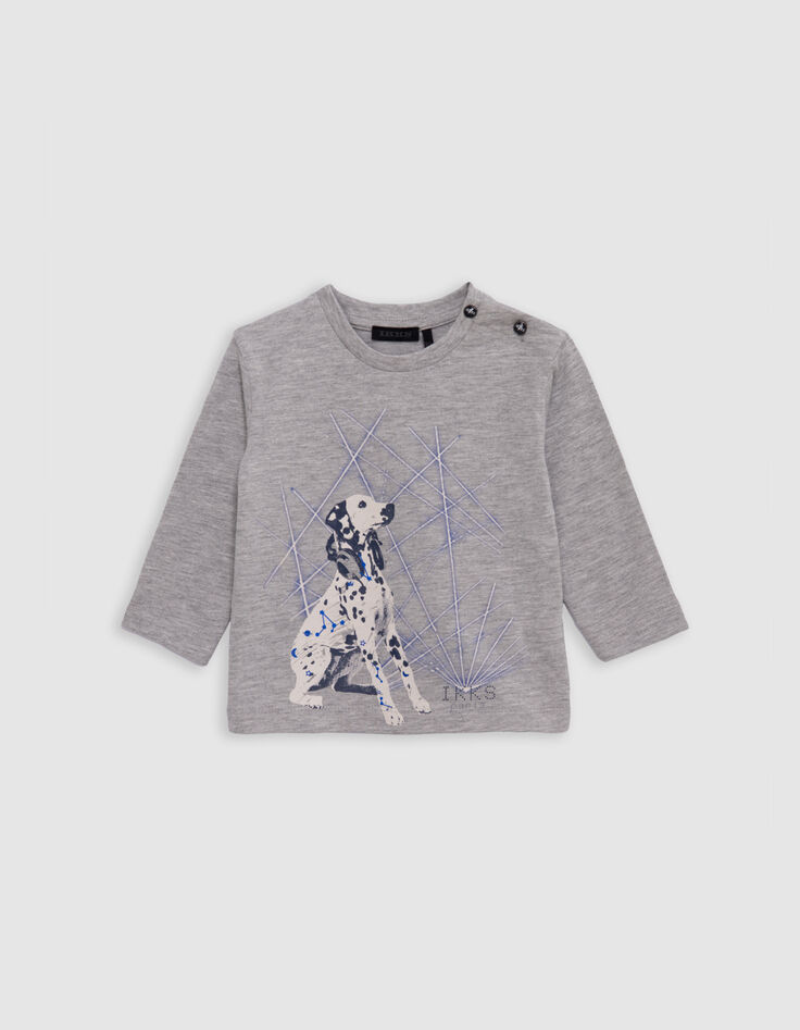 Grey T-shirt organic cotton visual dog and lasers baby boy-1