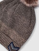Baby boys’ khaki fur-lined knit beanie with pompom-2