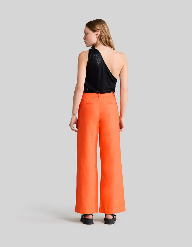 Pantalón de traje naranja algodón lino mujer-4