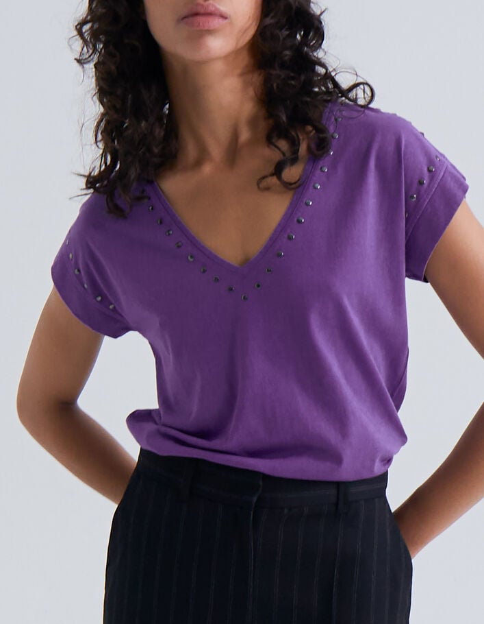 Violettes Damen-T-Shirt Acid Wash mit Nieten - IKKS