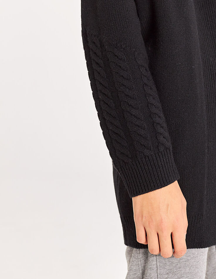Cardigan mi-long noir en 100% laine torsades poignets femme-3