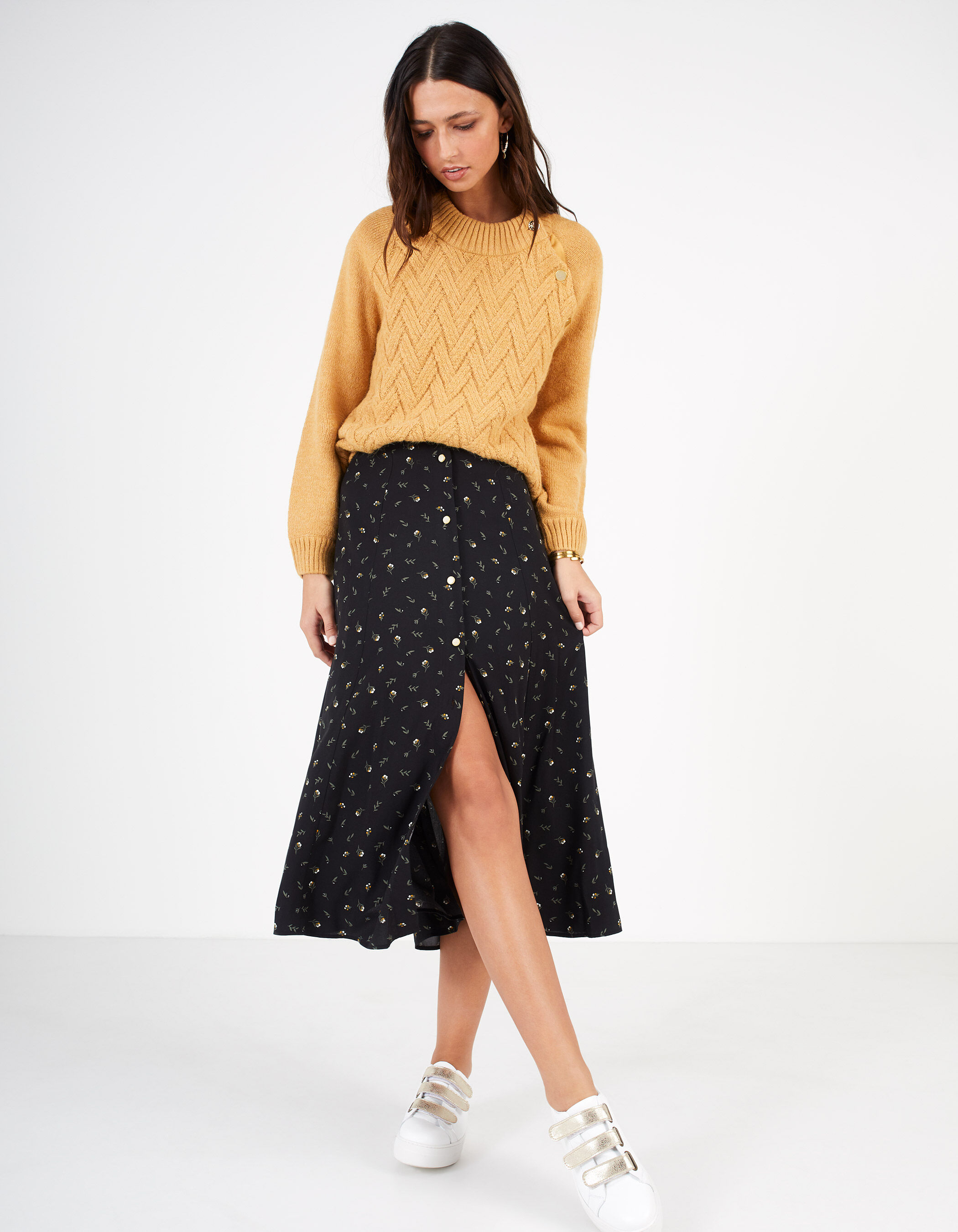 I.Code black midi skirt with minimalistic floral print