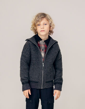 Boy's grey lightning, checkerboard Intarsia knit cardigan