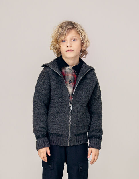 Boy's grey lightning, checkerboard Intarsia knit cardigan - IKKS