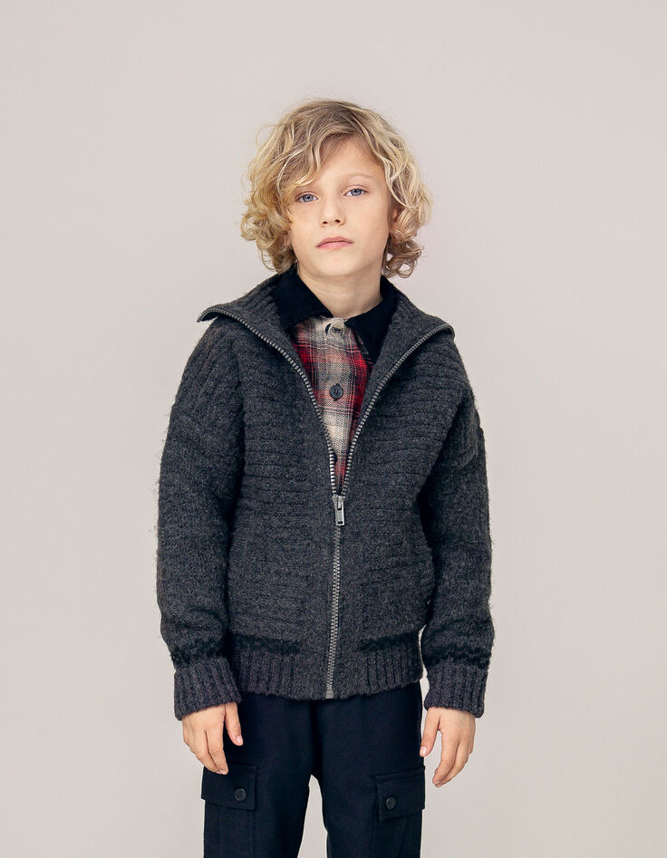 Boy's grey lightning, checkerboard Intarsia knit cardigan-1